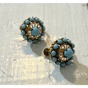 Vintage 1920s Czech Czecho Gold Tone Filigree Blue Beaded Screw Back Earrings